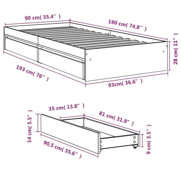 vidaXL Sängynrunko laatikoilla ruskea tammi 90x190 cm tekninen puu