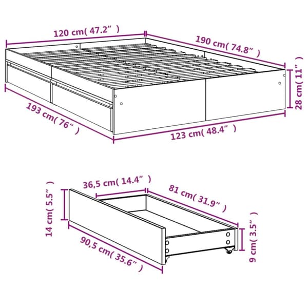 vidaXL Sengeramme med skuffer betonggrå 120x190 cm konstruert tre