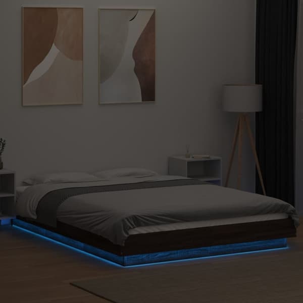 vidaXL Sängynrunko LED-valoilla ruskea tammi 140x190 cm tekninen puu