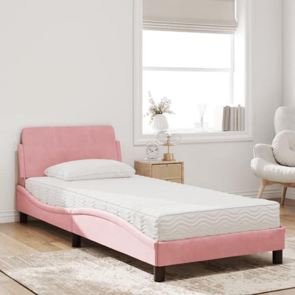 vidaXL seng med madras 90x190 cm velour lyserød