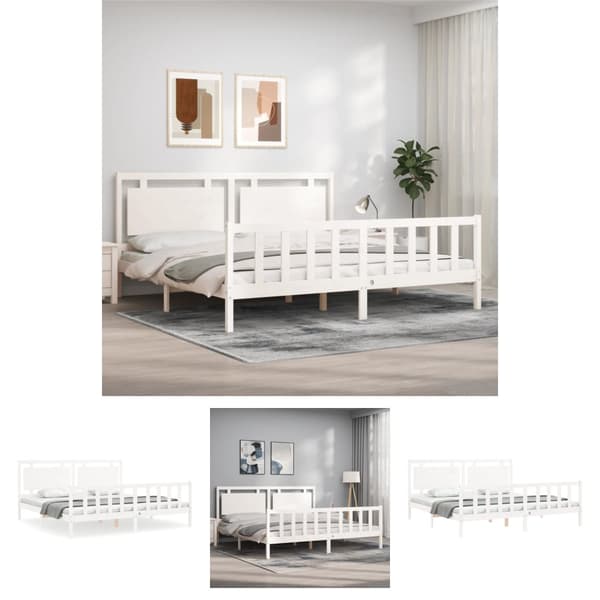 The Living Store sengeramme med sengegavl 200x200 cm massivt træ hvid - Senge & sengeramme