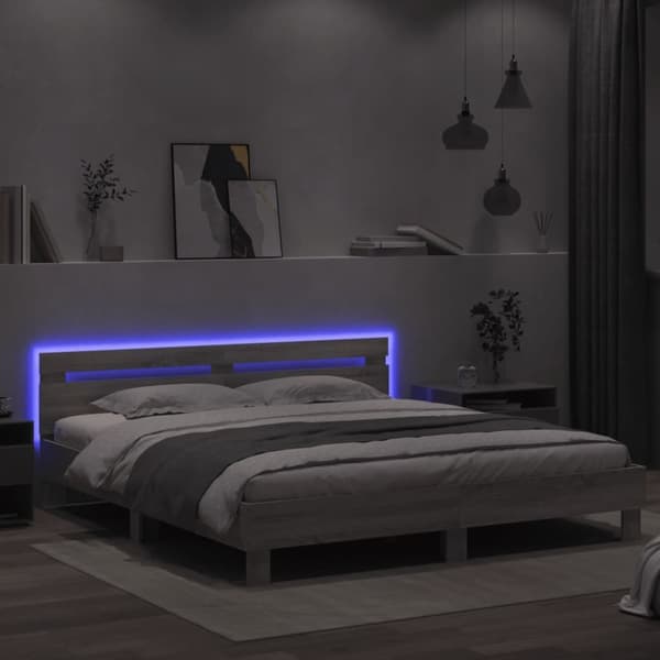 The Living Store sengeramme med sengegavl og LED-lys 200x200 cm grå sonoma-eg - Senge & sengeramme