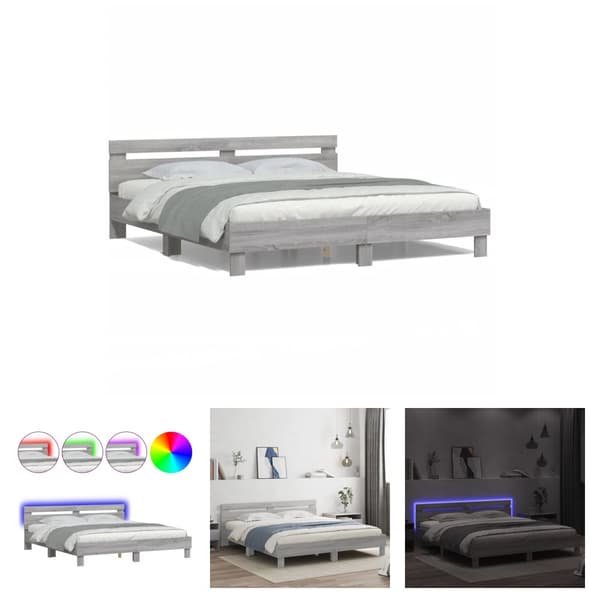 The Living Store sengeramme med sengegavl og LED-lys 200x200 cm grå sonoma-eg - Senge & sengeramme