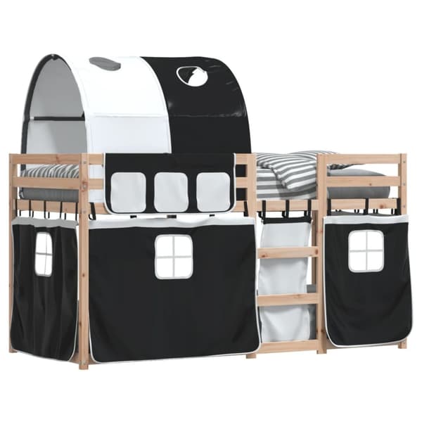 The Living Store Loftsäng med gardiner vit&svart 75x190 cm massiv furu -  Sängar & sängramar