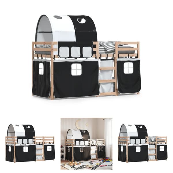 The Living Store Loftsäng med gardiner vit&svart 75x190 cm massiv furu -  Sängar & sängramar