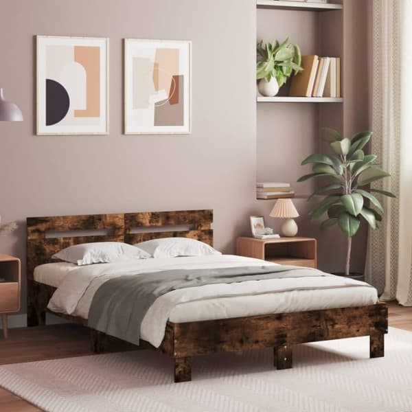 The Living Store sengeramme med sengegavl og LED-lys 120x190 cm røget egetræ - Senge & sengeramme