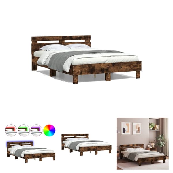 The Living Store sengeramme med sengegavl og LED-lys 120x190 cm røget egetræ - Senge & sengeramme