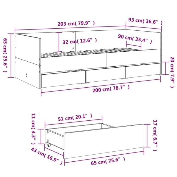 The Living Store daybed med skuffer 90x200 cm konstrueret træ sonoma-eg - Senge & sengeramme
