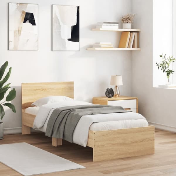 The Living Store sengeramme med sengegavl og LED-lys 90x200 cm sonoma-eg - Senge & sengeramme