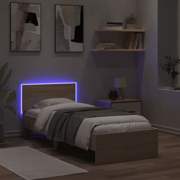 The Living Store sengeramme med sengegavl og LED-lys 90x200 cm sonoma-eg - Senge & sengeramme