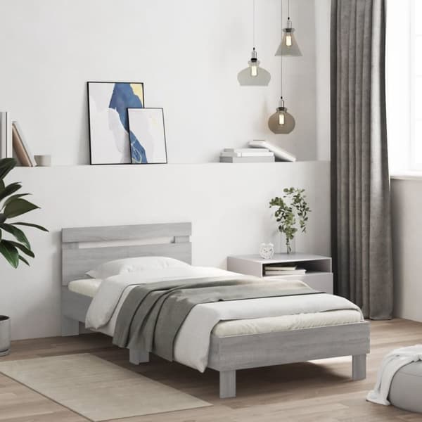 The Living Store sengeramme med sengegavl og LED-lys 100x200 cm grå sonoma-eg -  Senge & sengeramme