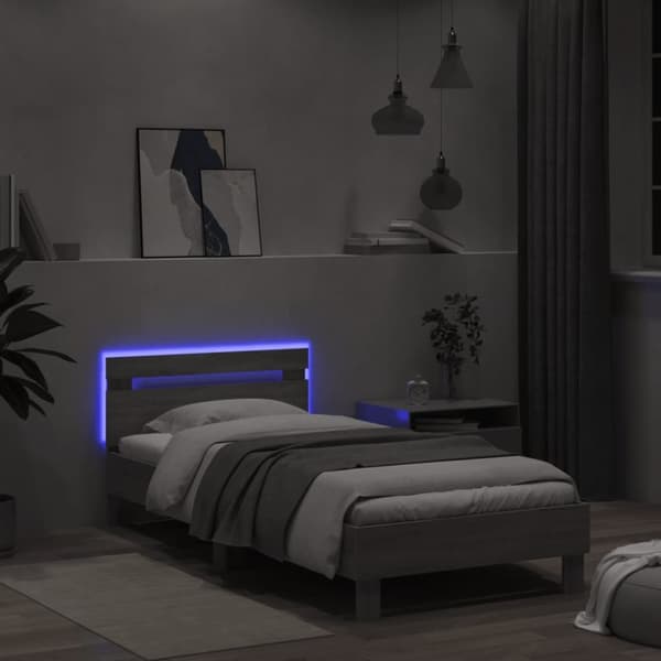 The Living Store sengeramme med sengegavl og LED-lys 100x200 cm grå sonoma-eg -  Senge & sengeramme