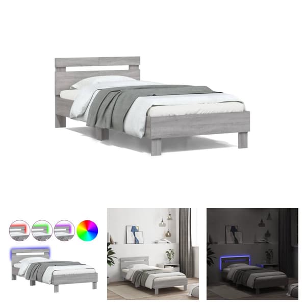 The Living Store sengeramme med sengegavl og LED-lys 100x200 cm grå sonoma-eg -  Senge & sengeramme