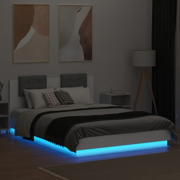 The Living Store sengeramme med sengegavl og LED-lys 140x200 cm hvid - Senge & sengeramme