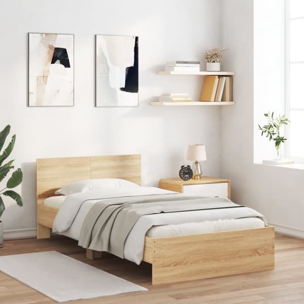 The Living Store Sängynrunko päädyllä ja LED-valoilla Sonoma-tammi 100x200 cm - Sängyt & sängynrungot