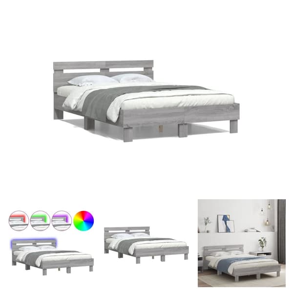The Living Store sengeramme med sengegavl og LED-lys 120x190 cm grå sonoma-eg - Senge & sengeramme