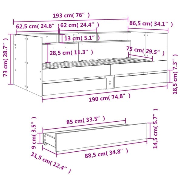 The Living Store Dagbädd med lådor betonggrå 75x190 cm konstruerat trä -  Sängar & sängramar