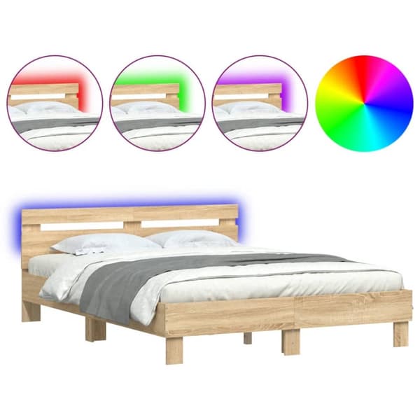The Living Store sengeramme med sengegavl og LED-lys 140x200 cm sonoma-eg - Senge & sengeramme