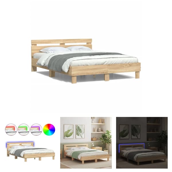 The Living Store sengeramme med sengegavl og LED-lys 140x200 cm sonoma-eg -  Senge & sengeramme