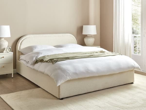 Dubbelsäng Förvaring Bouclé Ljusbeige 160 x 200 cm Stoppad Sängram Huvudgavel med Förvaring