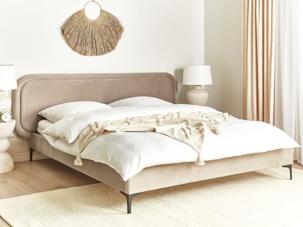 Seng beige velour betrukket beklædning ramme 180 x 200 cm sengegavl moderne stil