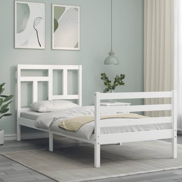 Sängynrunko päädyllä valkoinen 90x200 cm täysi puu - Sängynrunko - Sängynrungot - Home & Living