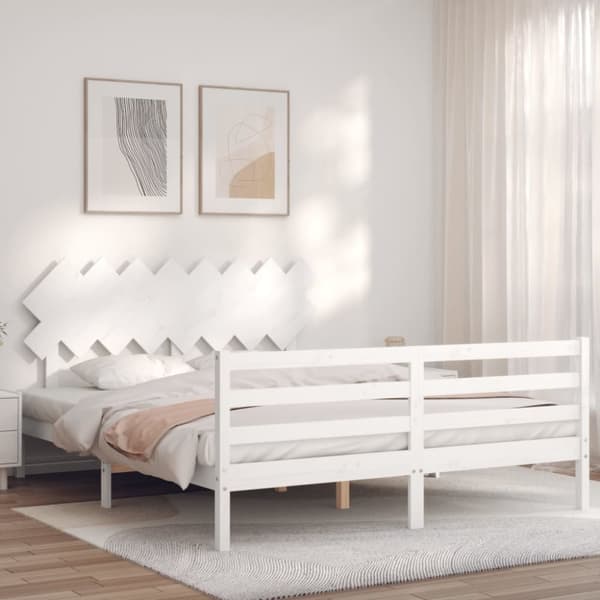 Sängram med huvudgavel vit 160x200 cm massivt trä - Sängram - Sängramar - Home & Living