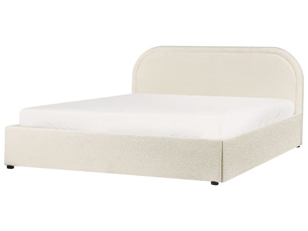 Lys beige bouclepolstret seng 160 x 200 cm med ramme og hovedgærde med opbevaringscontainer