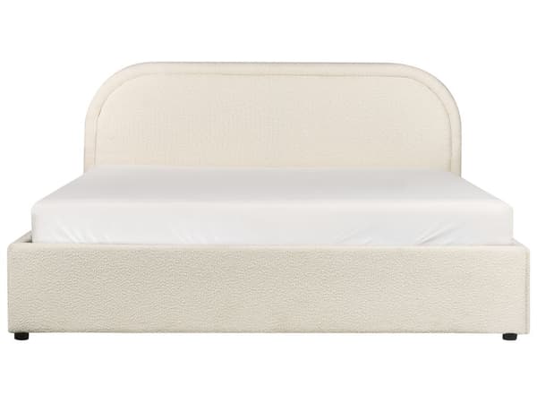 Lys beige bouclepolstret seng 160 x 200 cm med ramme og hovedgærde med opbevaringscontainer