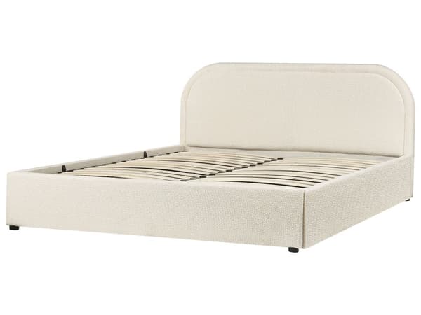 Lys beige bouclepolstret seng 160 x 200 cm med ramme og hovedgærde med opbevaringscontainer