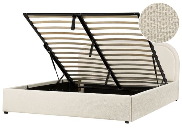 Lys beige bouclepolstret seng 160 x 200 cm med ramme og hovedgærde med opbevaringscontainer