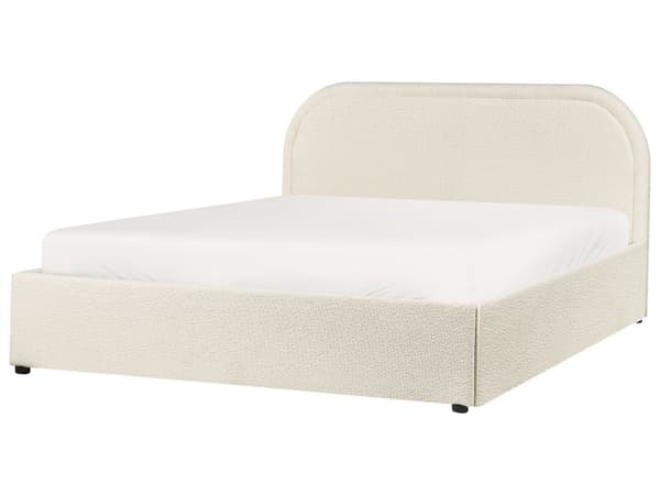 Lys beige bouclepolstret seng 140 x 200 cm med ramme og hovedgærde med opbevaringscontainer