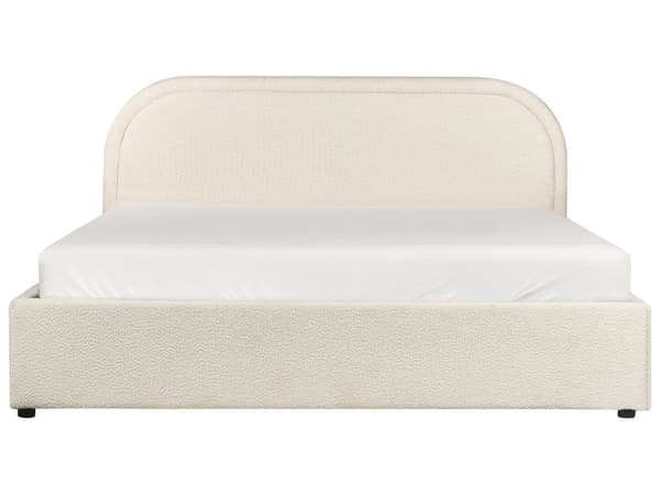Lys beige bouclepolstret seng 140 x 200 cm med ramme og hovedgærde med opbevaringscontainer