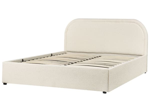 Lys beige bouclepolstret seng 140 x 200 cm med ramme og hovedgærde med opbevaringscontainer