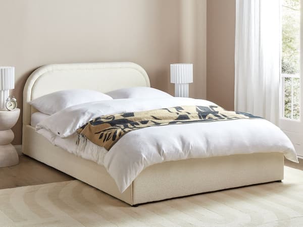 Lys beige bouclepolstret seng 140 x 200 cm med ramme og hovedgærde med opbevaringscontainer
