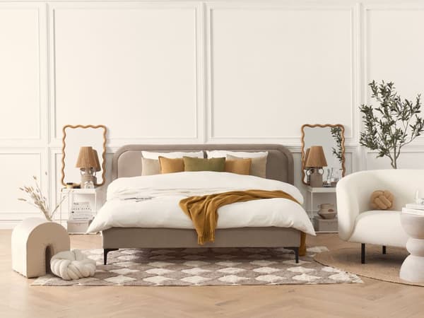 Seng Beige Fløyel 160 x 200 cm Polstret Ramme Nakkestøtte Moderne Stil