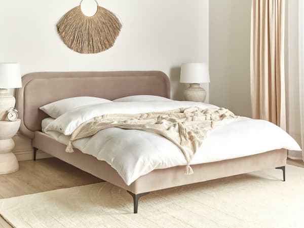 Seng Beige Fløyel 160 x 200 cm Polstret Ramme Nakkestøtte Moderne Stil