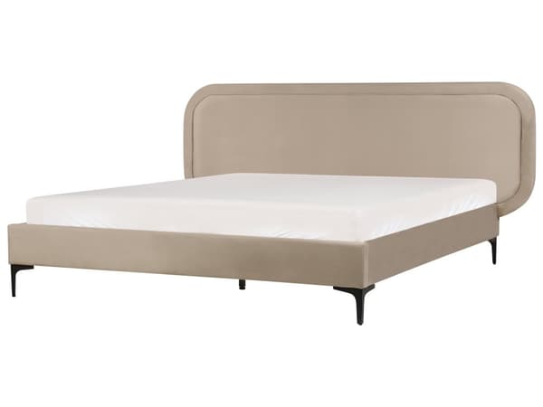 Seng Beige Fløyel 160 x 200 cm Polstret Ramme Nakkestøtte Moderne Stil