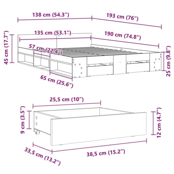 vidaXL sengeramme med skuffer 135x190 cm konstrueret træ sonoma-eg