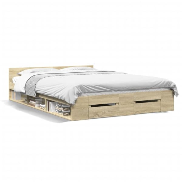 vidaXL sengeramme med skuffer 135x190 cm konstrueret træ sonoma-eg