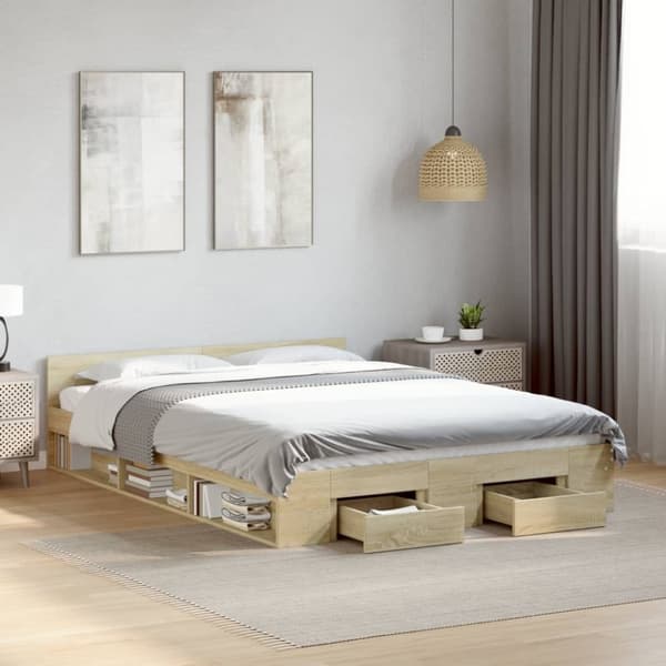 vidaXL sengeramme med skuffer 135x190 cm konstrueret træ sonoma-eg