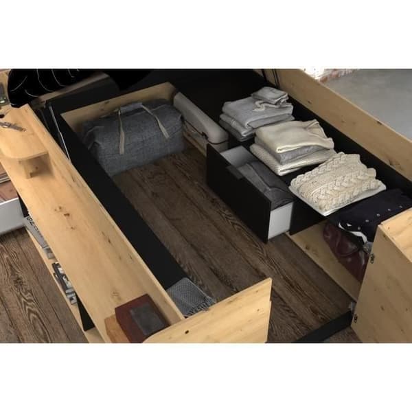 ODYSSEE Lit med förvaringsutrymme för vuxna - 140x190/200 cm - Med uppfällbar förvaring - Ek- och svart dekoration - 166,2 x 66,5 x 205,8 cm