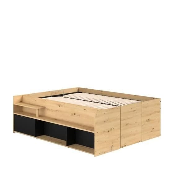 ODYSSEE Lit med förvaringsutrymme för vuxna - 140x190/200 cm - Med uppfällbar förvaring - Ek- och svart dekoration - 166,2 x 66,5 x 205,8 cm