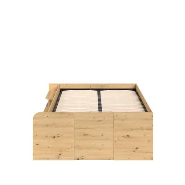 ODYSSEE Lit med förvaringsutrymme för vuxna - 140x190/200 cm - Med uppfällbar förvaring - Ek- och svart dekoration - 166,2 x 66,5 x 205,8 cm