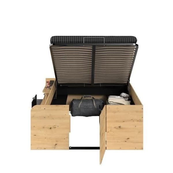 ODYSSEE Lit med förvaringsutrymme för vuxna - 140x190/200 cm - Med uppfällbar förvaring - Ek- och svart dekoration - 166,2 x 66,5 x 205,8 cm