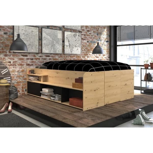 ODYSSEE Lit med förvaringsutrymme för vuxna - 140x190/200 cm - Med uppfällbar förvaring - Ek- och svart dekoration - 166,2 x 66,5 x 205,8 cm