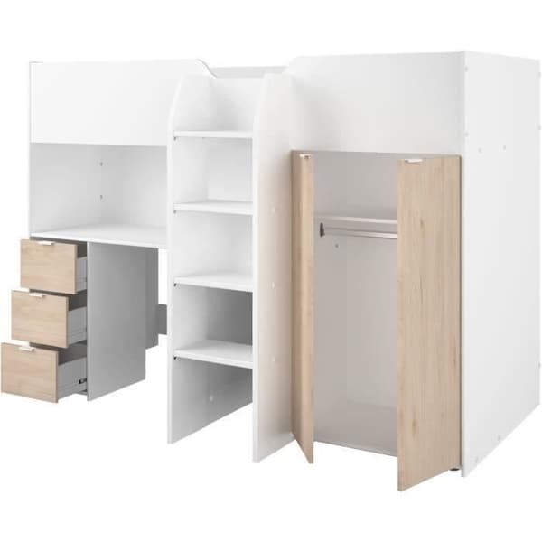 Kombinerad entresolsäng för barn - TOM - Vit och ek - Garderob, skrivbord och resårbox ingår
