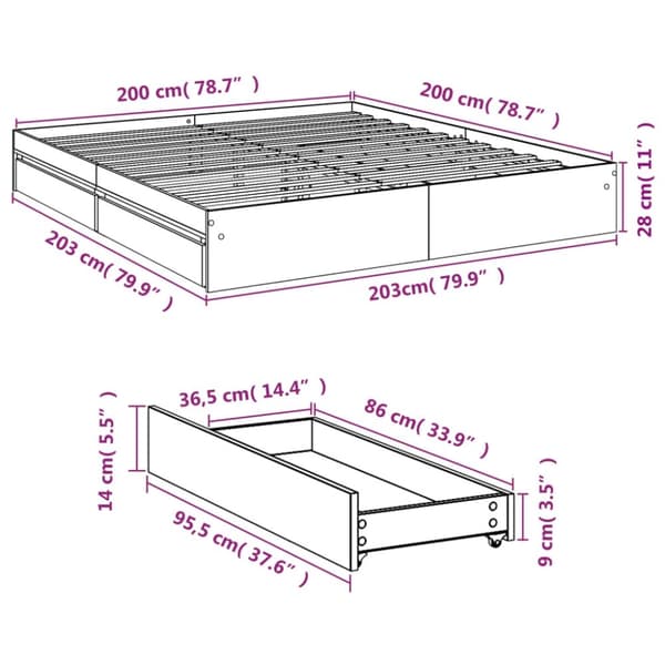 vidaXL sengeramme med skuffer 200x200 cm konstrueret træ sonoma-eg