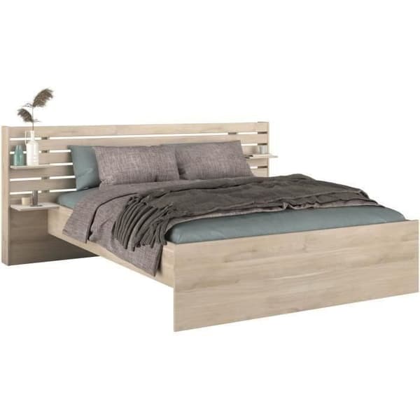 ESCALE vuxensäng 160x200 cm - Japansk ekdekor - 2 lådor + sänggavel - L222,8 x H98,2 x D216,8 cm - Tillverkad i Frankrike