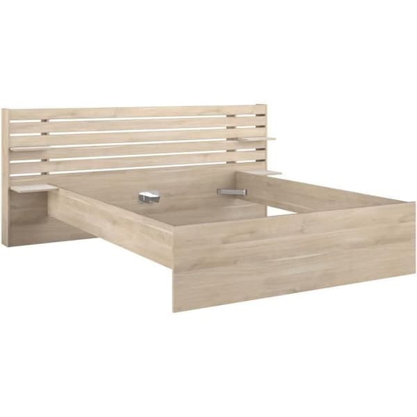 ESCALE vuxensäng 160x200 cm - Japansk ekdekor - 2 lådor + sänggavel - L222,8 x H98,2 x D216,8 cm - Tillverkad i Frankrike